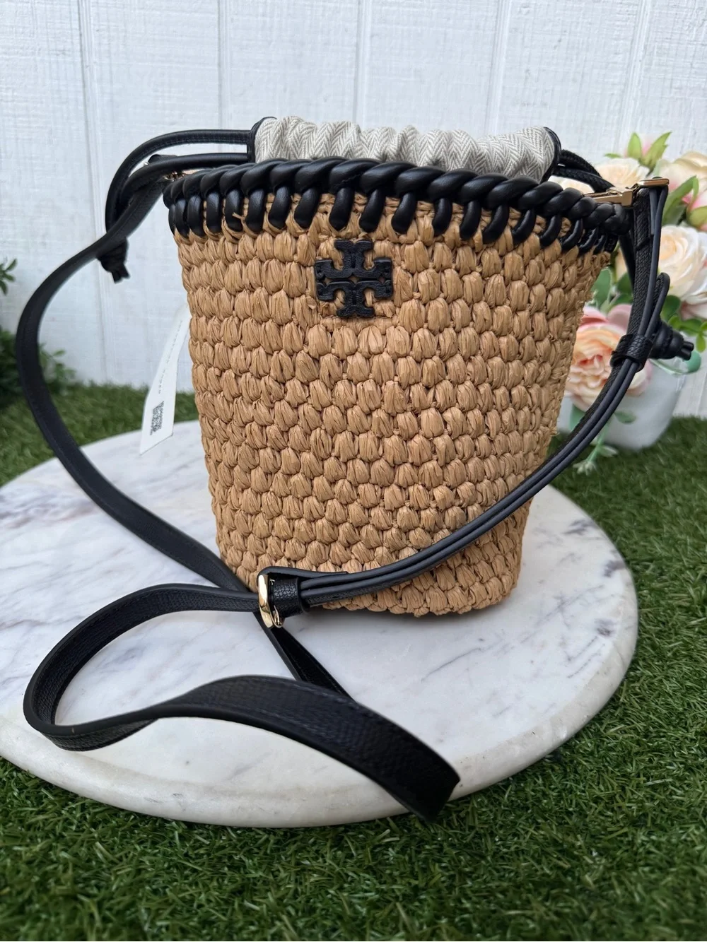 TORY BURCH Emerson Bucket Raffia Bag natural Tan Bucket crossbody new $425